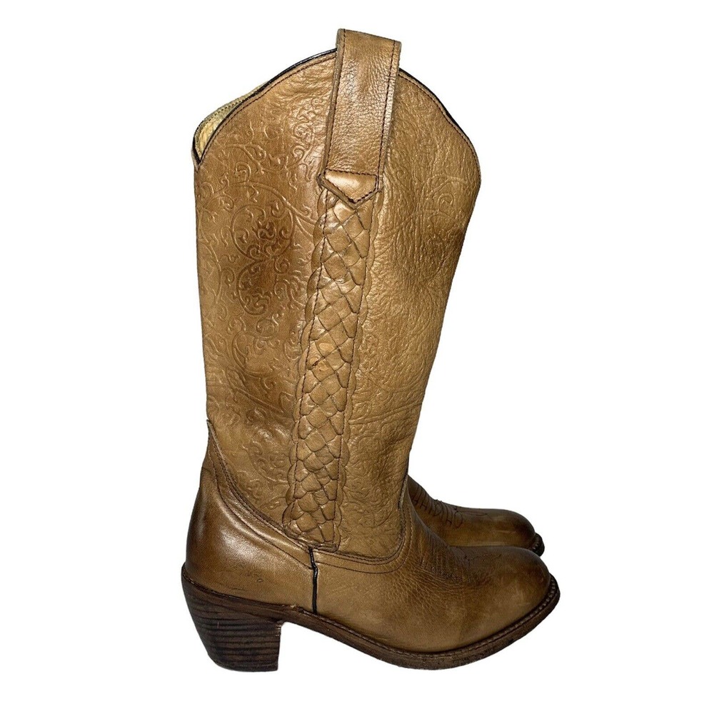 Bed stu sweet dreams heeled cowboy Boots in tan size 6 embossed design zipper